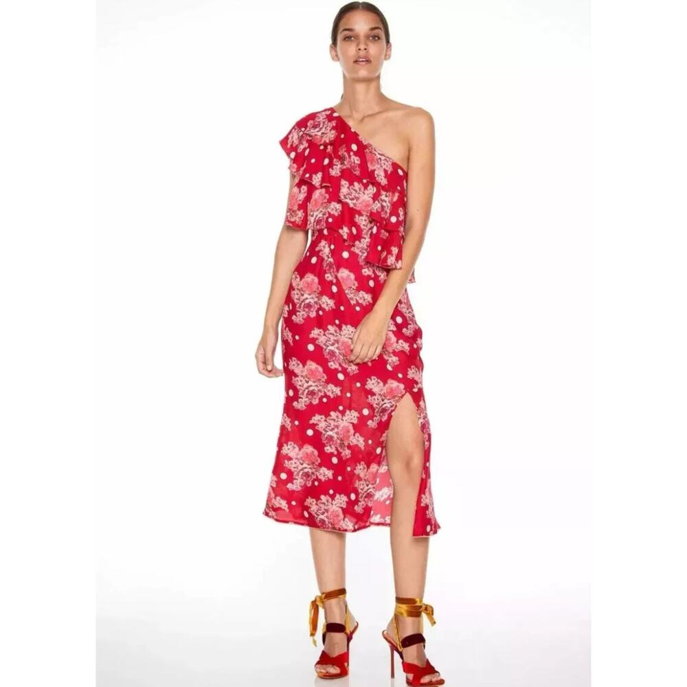La Maison Talulah Florence Red Ruffled One Shoulder Midi Floral S
